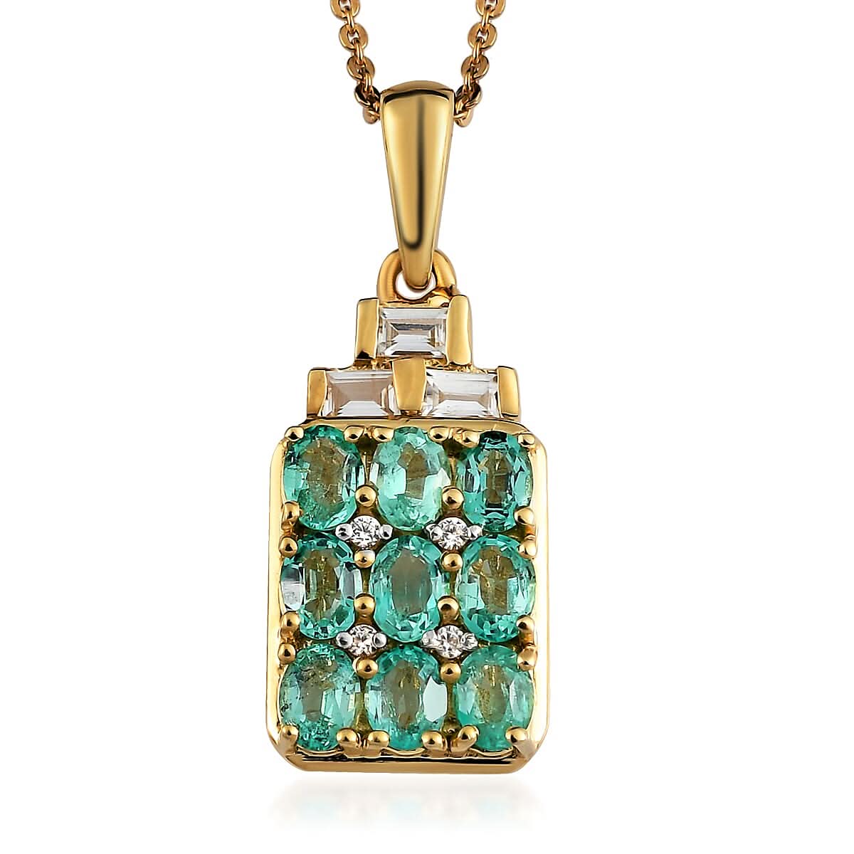 Boyaca Colombian Emerald and White Zircon Pendant Necklace 20 Inches in Vermeil Yellow Gold Over Sterling Silver 1.85 ctw