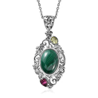 19th Oct One Time Only African Malachite, Orissa Rhodolite Garnet, Peridot Pendant Necklace (20 Inches) in Platinum Over Copper and Stainless Steel 8.00 ctw
