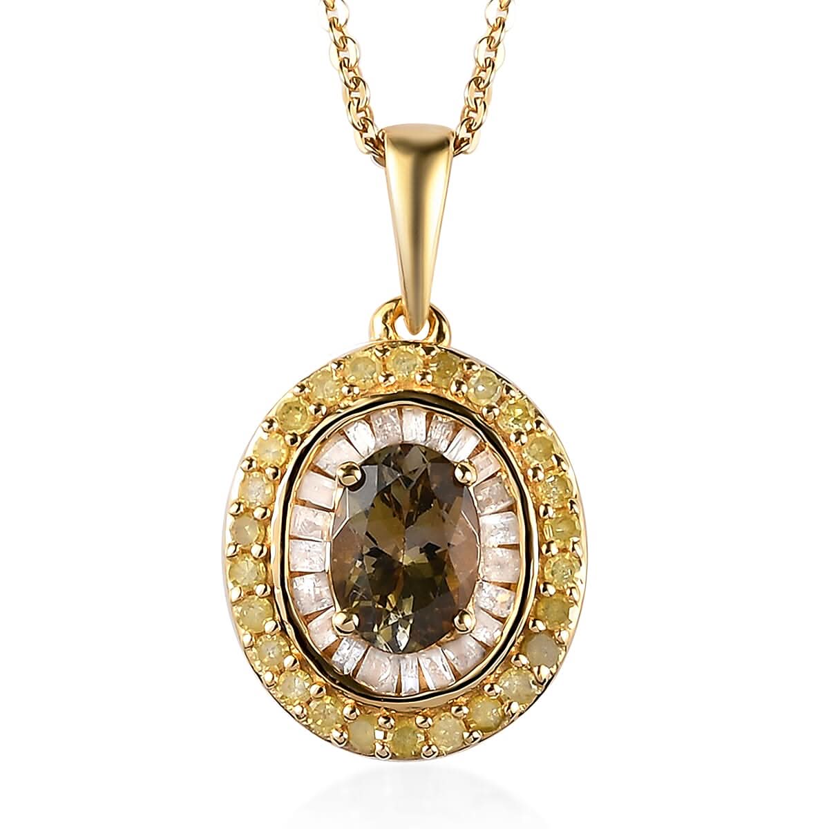 Natural Golden Tanzanite, Natural Yellow and White Diamond Double Halo Pendant Necklace 20 Inches in Vermeil Yellow Gold Over Sterling Silver 1.30 ctw