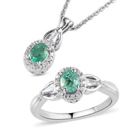 Ethiopian Emerald and Natural White Zircon Halo Ring Pendant Necklace 20 Inches in Platinum Over Sterling Silver 1.10 ctw