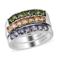 Doorbuster Set of 3 Tanzanite, Natural Chrome Diopside, Jalisco Fire Opal 7 Stone Stackable Ring in Stainless Steel (Size 5.00) 1.25 ctw