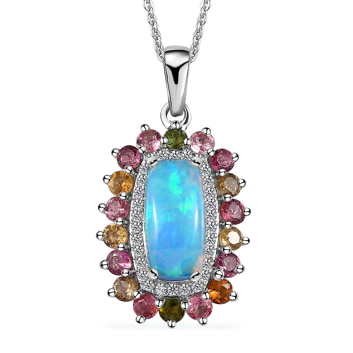 Premium Ethiopian Welo Opal, Multi-Tourmaline and Natural White Zircon Cocktail Pendant Necklace 20 Inches in Platinum Over Sterling Silver 3.10 ctw