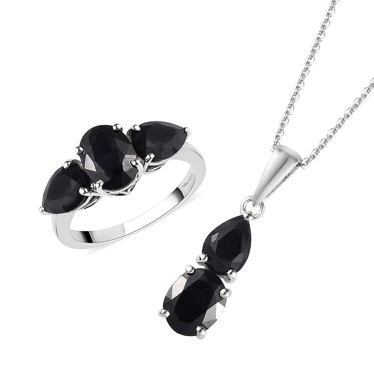 Australian Black Sapphire 3 Stone Ring (Size 5.0) and Pendant Necklace 20 Inches in Platinum Over Sterling Silver 6.60 ctw