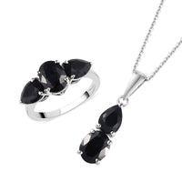 Australian Black Sapphire 3 Stone Ring (Size 5.0) and Pendant Necklace 20 Inches in Platinum Over Sterling Silver 6.60 ctw