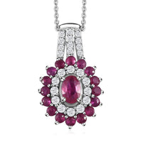 Premium Mozambique Ruby and White Zircon Double Halo Pendant Necklace 20 Inches in Platinum Over Sterling Silver 1.85 ctw