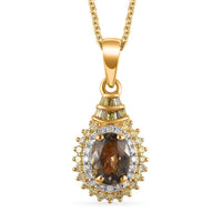 TLV Ethiopian Emerald, Natural Champagne and White Diamond (0.30 cts) Double Halo Pendant Necklace (20 Inches) in Vermeil YG Over Sterling Silver 1.00 ctw