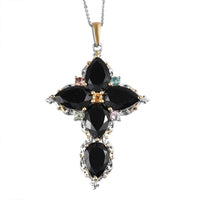 Australian Black Tourmaline and Multi-Tourmaline Cross Pendant Necklace 20 Inches in Vermeil YG and Platinum Over Sterling Silver 16.70 ctw