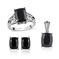 Doorbuster Natural Thai Black Spinel Solitaire Ring Stud Earrings and Solitaire Pendant in Platinum Over Sterling Silver 10.10 Grams 9.20 ctw