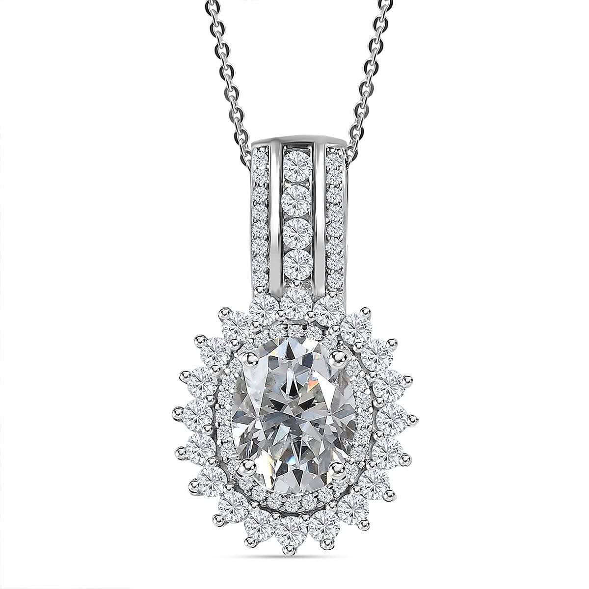 Moissanite (Ovl 9x7mm) Cocktail Pendant Necklace (20 Inches) in Platinum Over Sterling Silver 3.15 ctw
