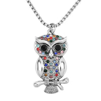Multi Color Austrian Crystal Owl Pendant Necklace 28 Inches in Silvertone