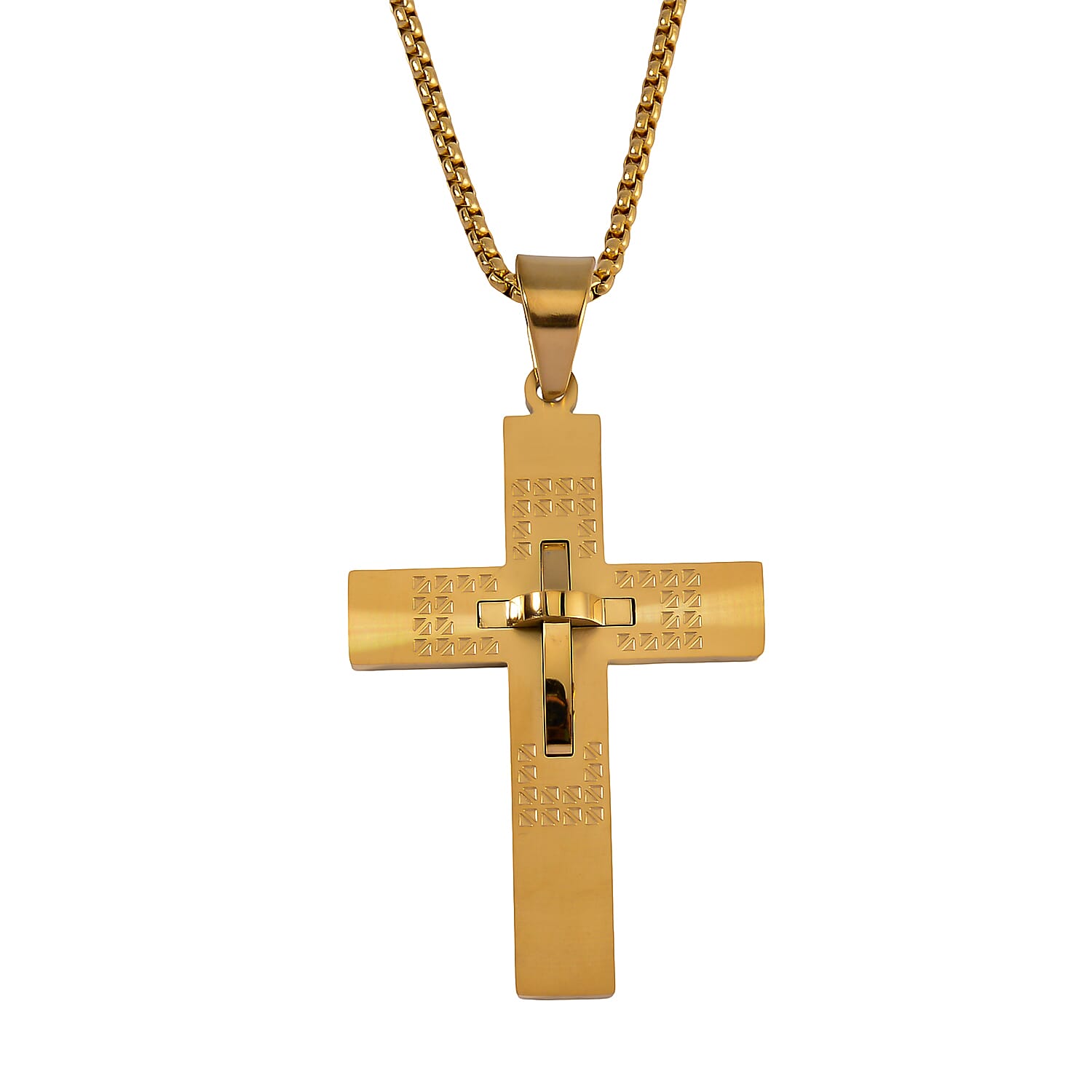 Cross Pendant Necklace 24 Inches in ION Plated YG Stainless Steel