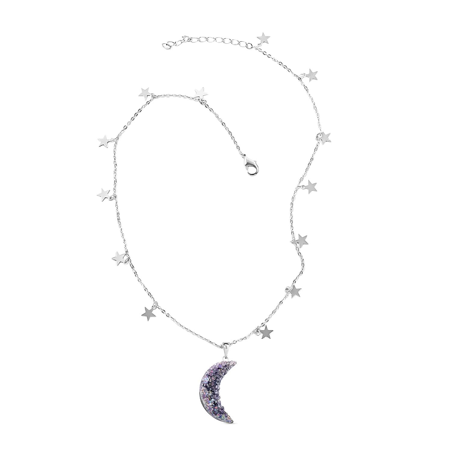 Agate Star Charm Pendant Necklace 16.5-18.5 Inches in Silvertone 32.50 ctw