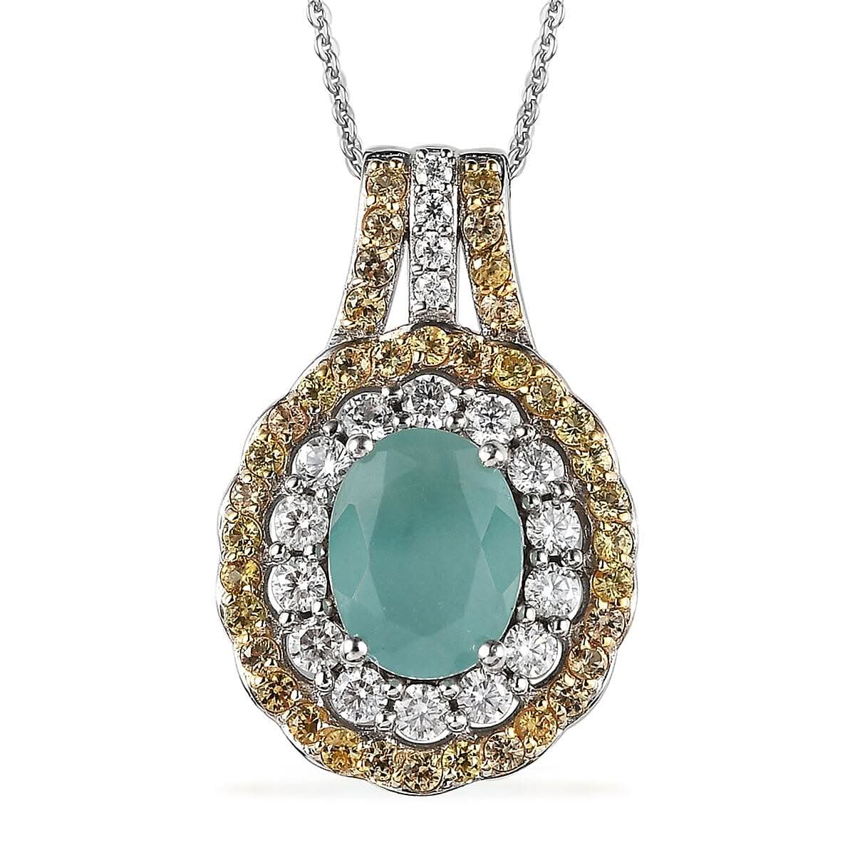 Grandidierite and Multi Gemstone Double Halo Pendant Necklace 20 Inches in 14K YG and Platinum Over Sterling Silver 3.00 ctw