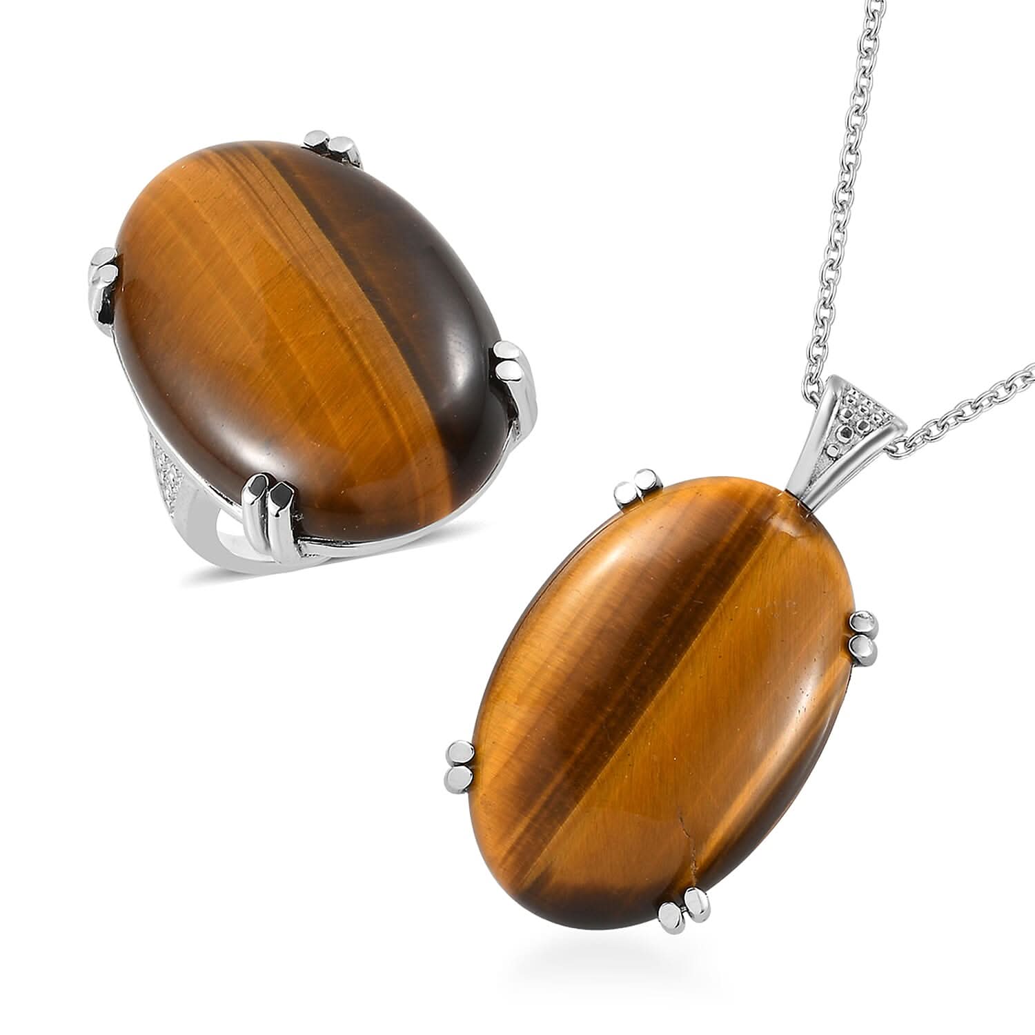 Tiger's Eye Solitaire Ring (Size 5.0) and Pendant Necklace (20 Inches) in Stainless Steel 65.75 ctw