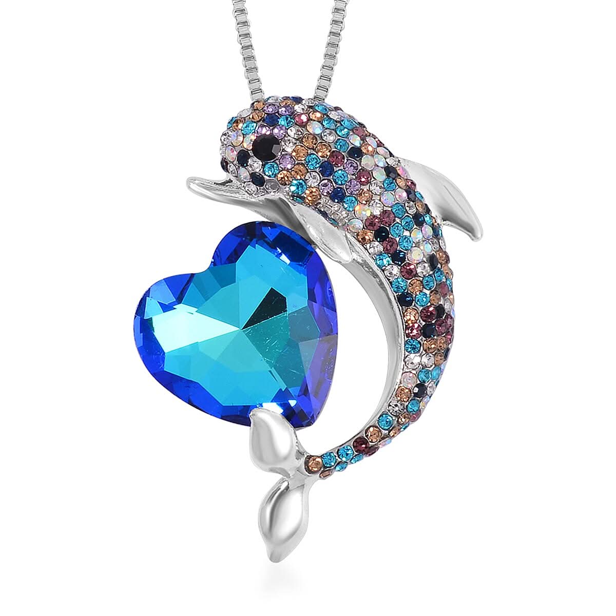 Blue Magic Color Glass, Multi Color Austrian Crystal Fish Pendant Necklace (28-30 Inches) in Silvertone