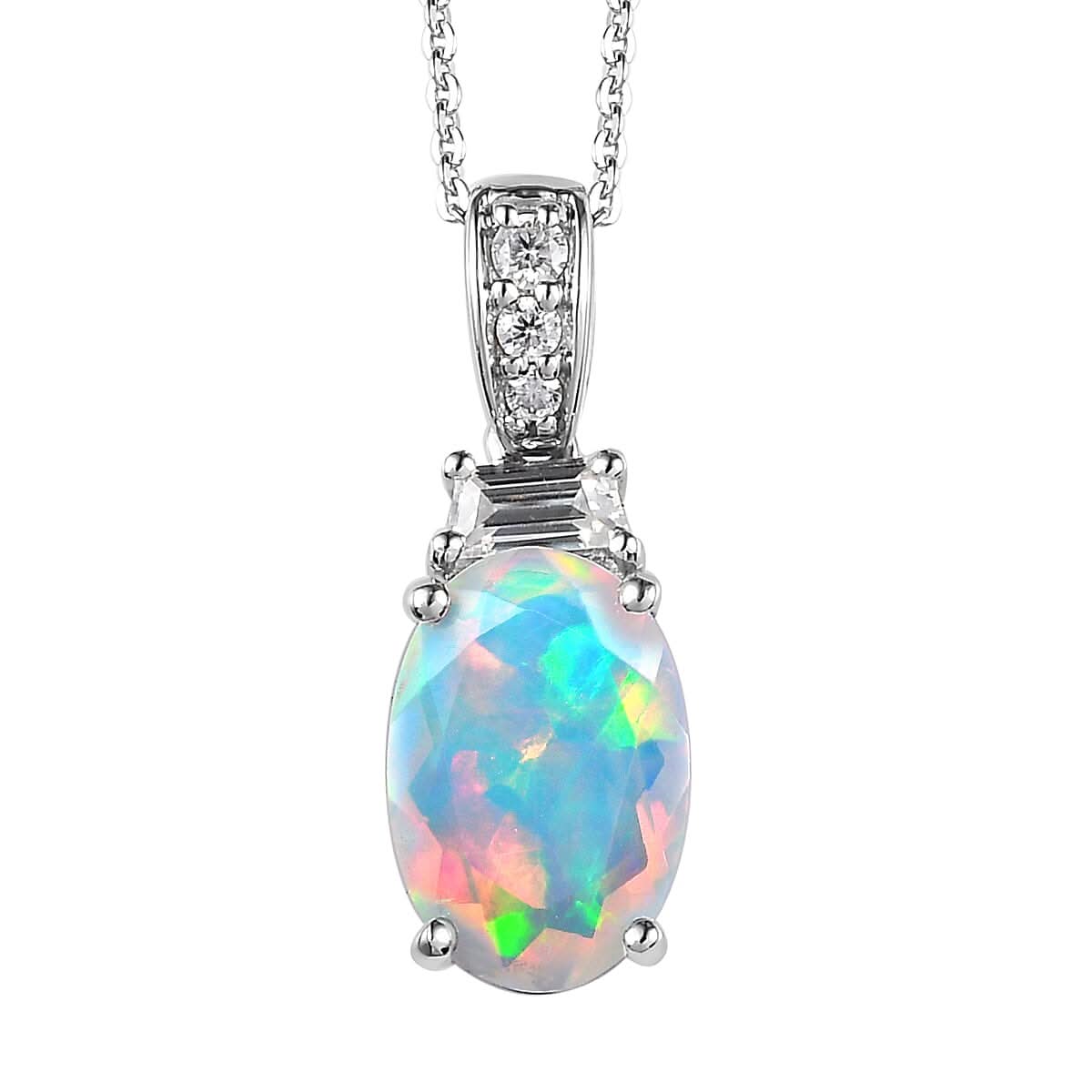 Premium Ethiopian Welo Opal and Moissanite Pendant Necklace 20 Inches in Platinum Over Sterling Silver 2.25 ctw