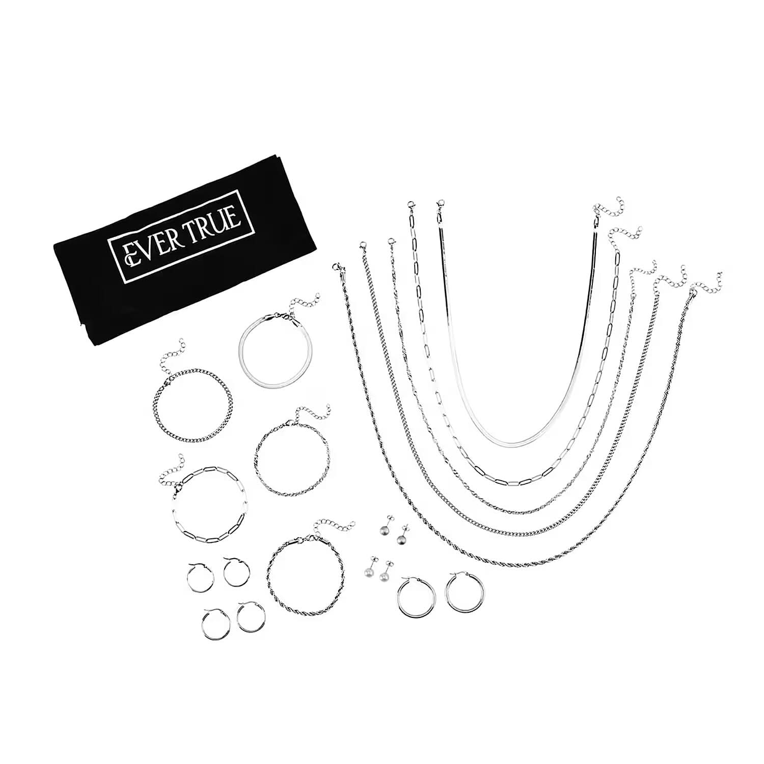 15pcs Jewelry Set with Necklace (18, 20 & 22Inch), Bracelet, Hoops, Stud Earrings in Stainless Steel