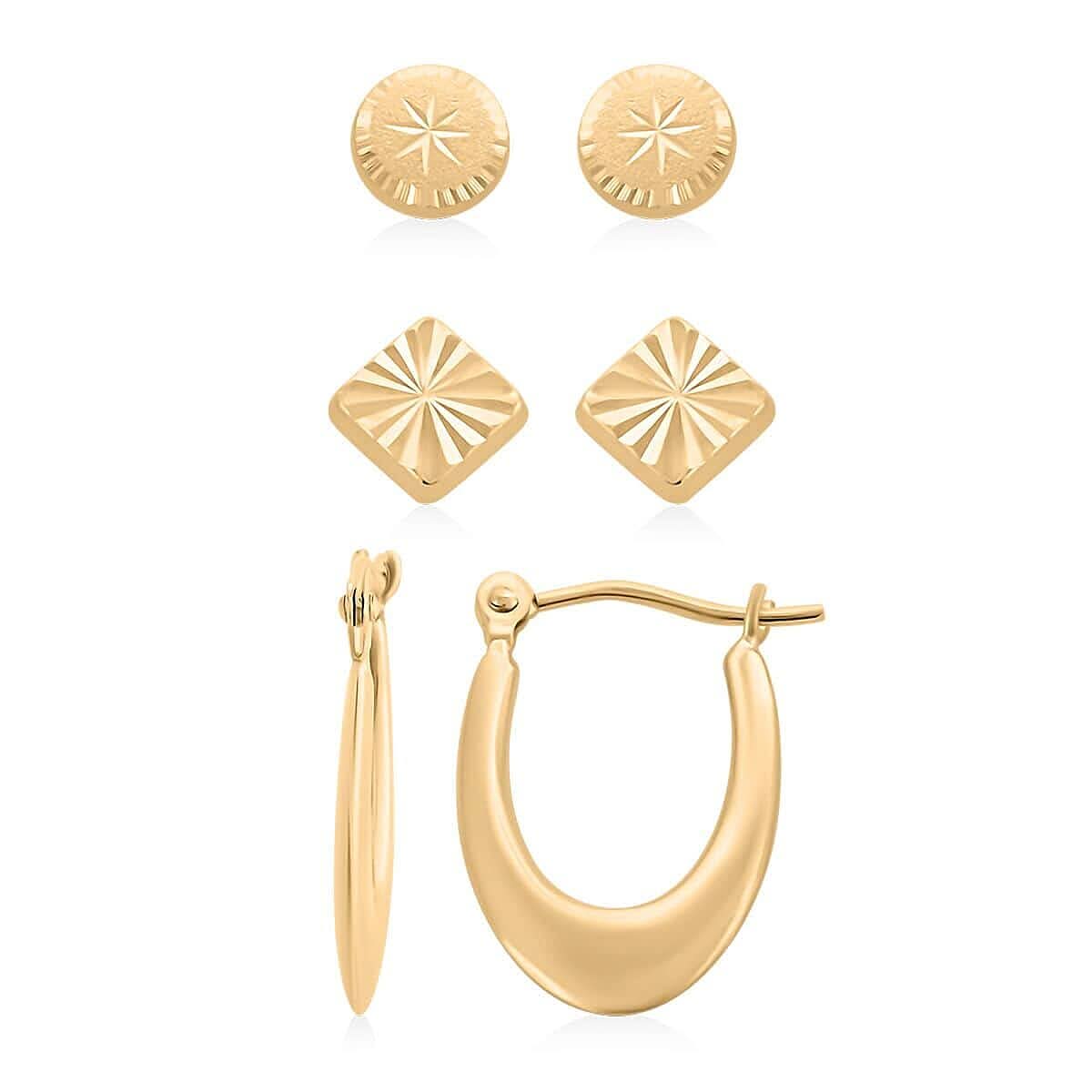 14K Yellow Gold Polished Elongated Hoop, Diamond-Cut Circle & Square Screwback Set of 3 Earrings 1.25 Grams