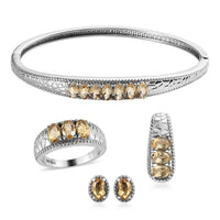 Doorbuster White Topaz Bangle Bracelet (7.25In), 3 Stone Ring (Size 7.00), Pendant and Stud Earrings in Stainless Steel 9.10 ctw