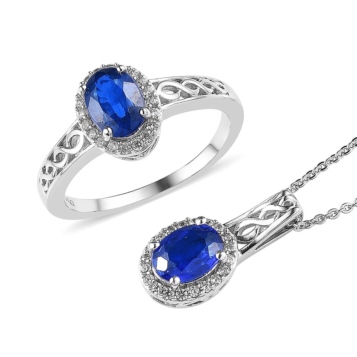 Tanzanian Blue Spinel (DF) and White Zircon Ring and Pendant Necklace 20 Inches in Platinum Over Sterling Silver 2.10 ctw