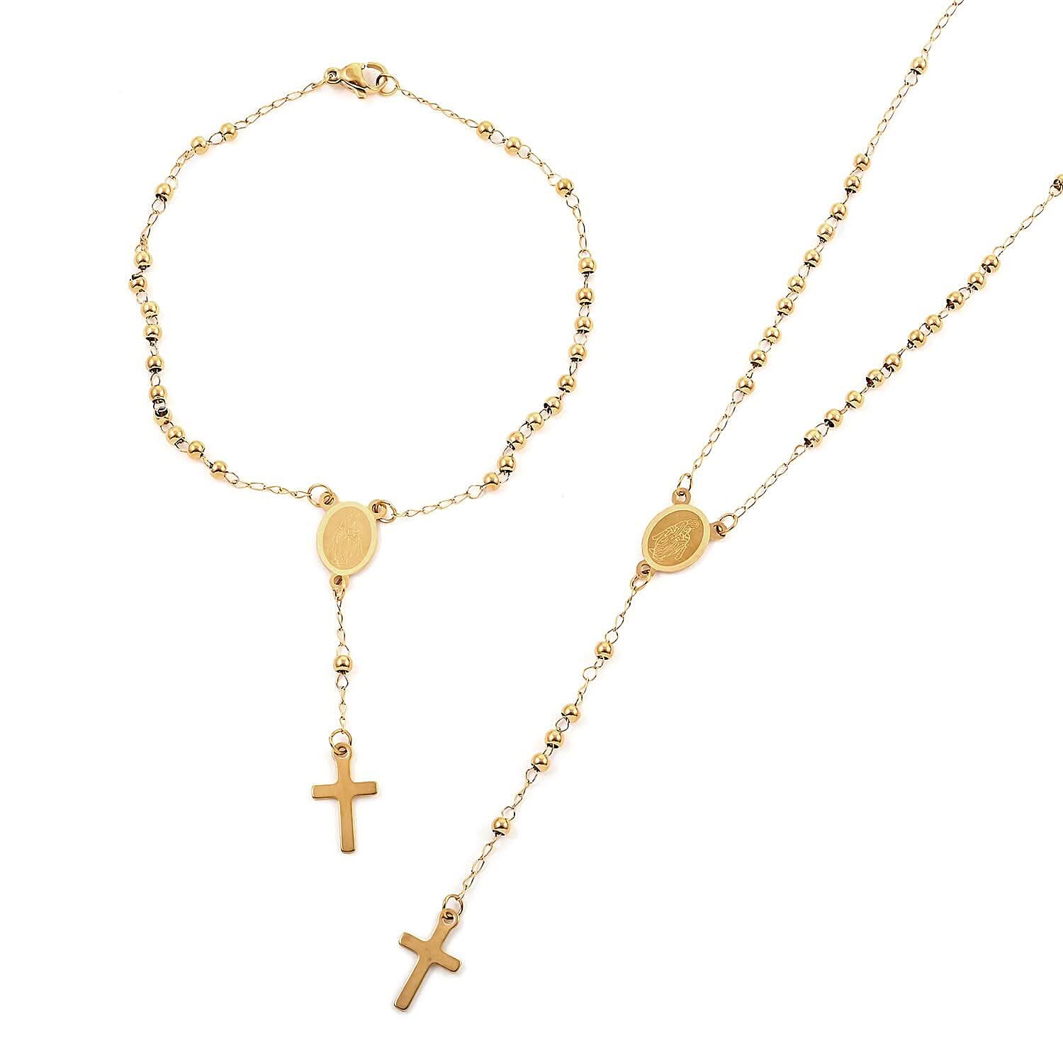 Cross Necklace 18 Inches and Bracelet (9In) in ION Plated YG Stainless Steel