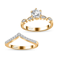 Moissanite (Rnd 6mm) Chevron Layered Set of 2 Ring in Vermeil YG Over Sterling Silver (Size 6.0) 0.90 ctw