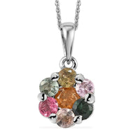 Multi-Tourmaline Floral Pendant Necklace 20 Inches in Platinum Over Sterling Silver 1.35 ctw