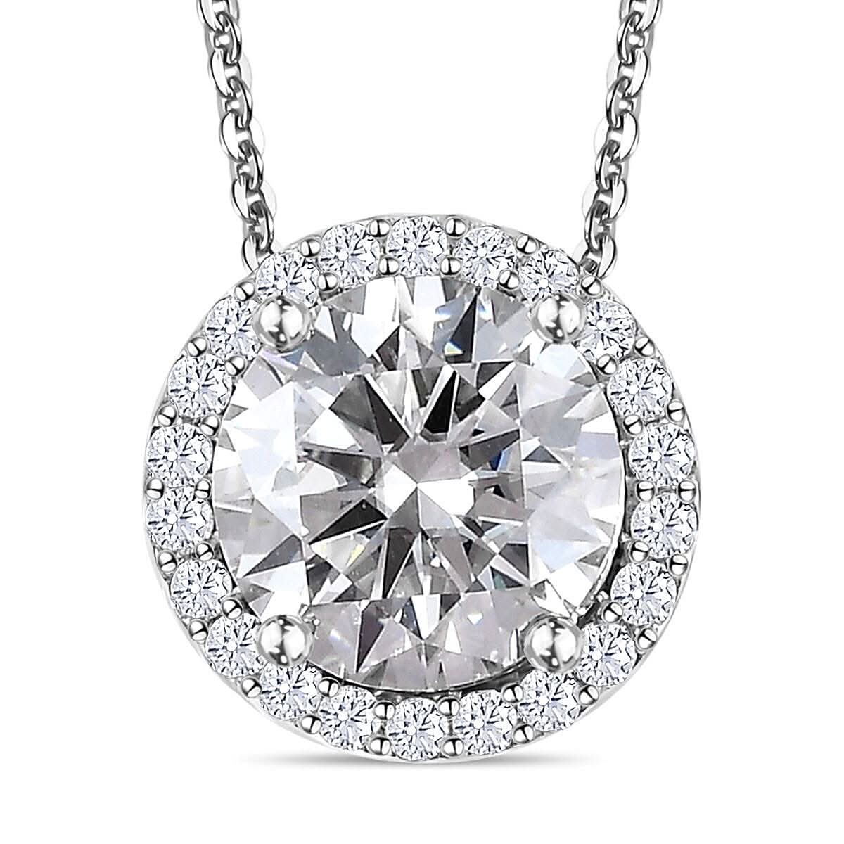 100 Facet Moissanite (Rnd 9 mm) Halo Pendant Necklace (20 Inches) in Platinum Over Sterling Silver 2.10 ctw