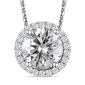 100 Facet Moissanite (Rnd 9 mm) Halo Pendant Necklace (20 Inches) in Platinum Over Sterling Silver 2.10 ctw - Sticky add to cart bar