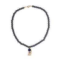 Lapis Lazuli and Simulated Diamond Spaceman Pendant with Hematite Beaded Necklace 20 Inches in Silvertone 426.00 ctw