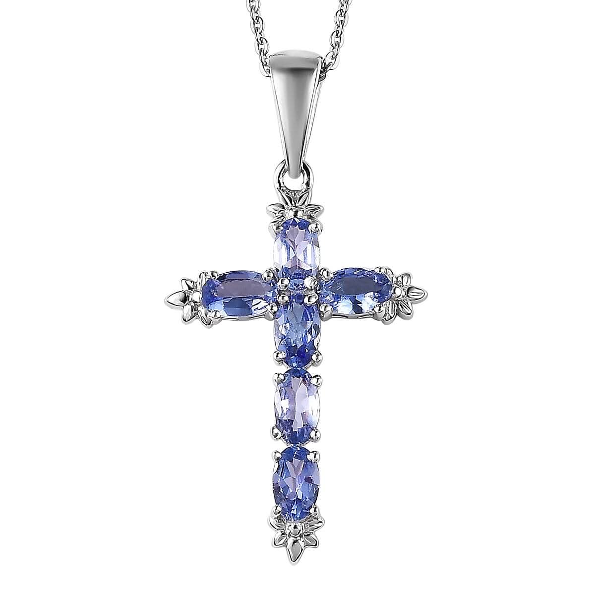 Tanzanite Cross Pendant Necklace (20 Inches) in Platinum Over Sterling Silver 1.40 ctw