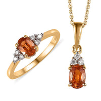 Premium Nigerian Spessartite Garnet and Moissanite Ring and Pendant Necklace 20 Inches in Vermeil Yellow Gold Over Sterling Silver 1.40 ctw