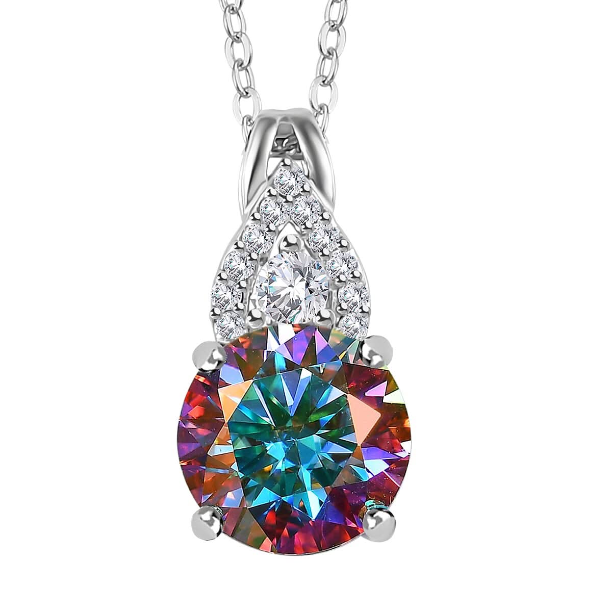 Dichroic Mist Moissanite and White Moissanite Pendant Necklace 20 Inches in Platinum Over Sterling Silver 1.85 ctw
