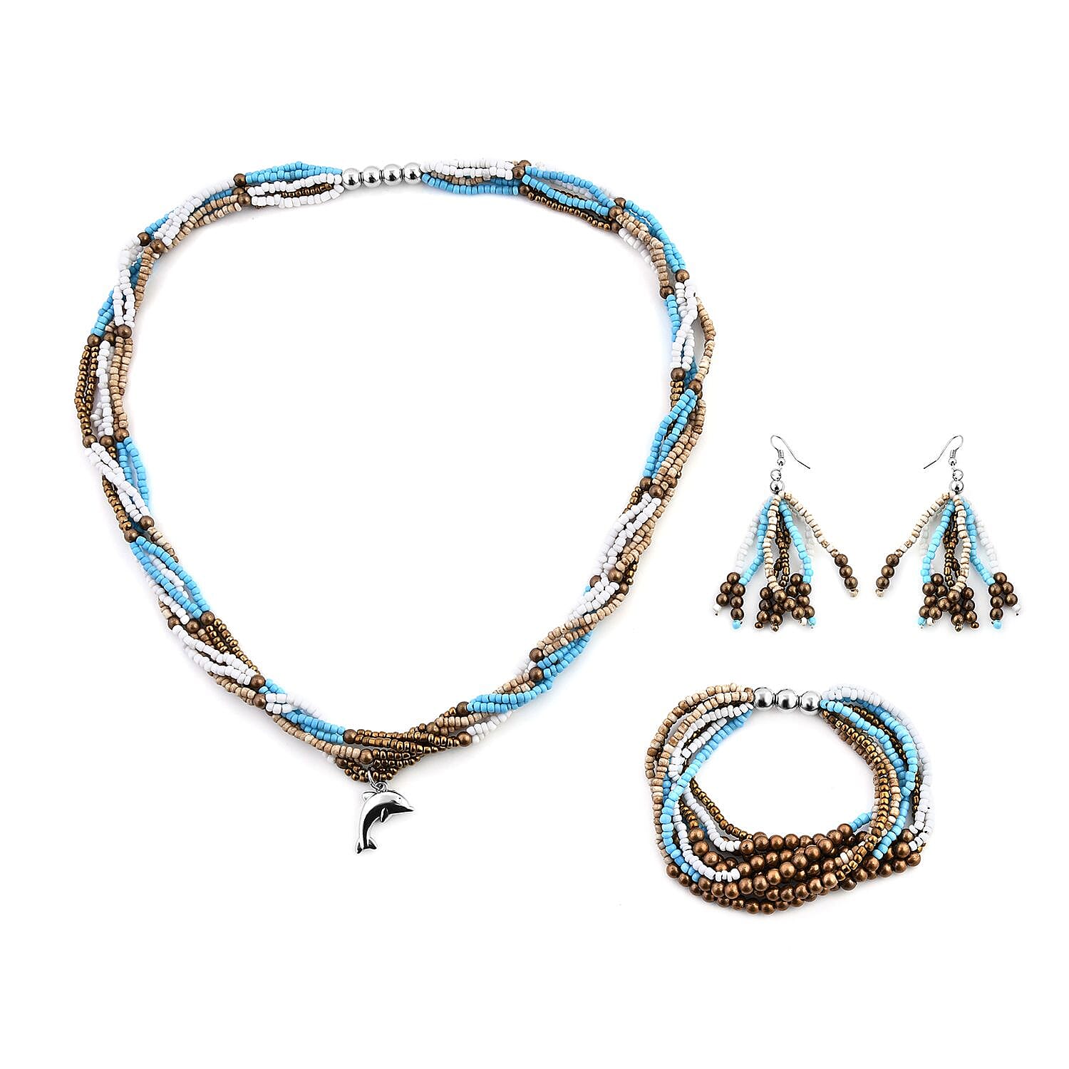 Seed Beaded Multi Layer Bracelet (7.50In) and Necklace 20 Inches and Earrings in Sterling Silver