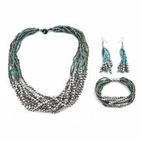 Turquoise Color Seed Beaded Multi Layer Bracelet and Necklace and Earrings in Sterling Silver