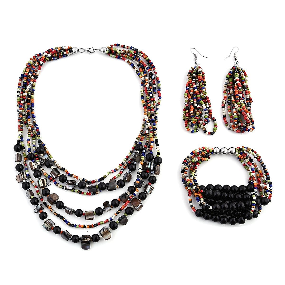 Multi Color Seed Beaded Multi Layer Bracelet and Necklace and Earrings in Sterling Silver