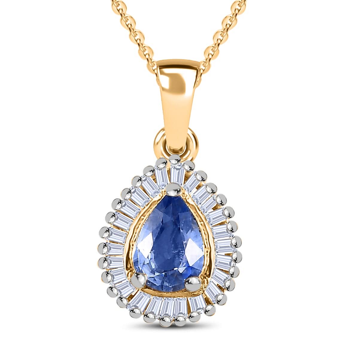 Ceylon Blue Sapphire and Diamond Halo Pendant Necklace 20 Inches in Vermeil Yellow Gold Over Sterling Silver 1.00 ctw