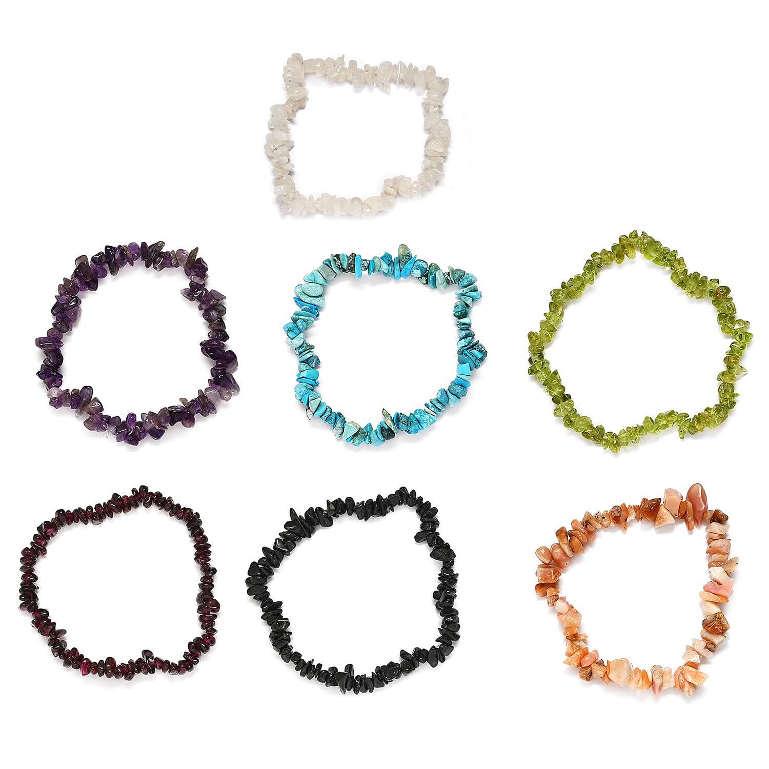 Set of 7 Multi Gemstone Chips Stretch Bracelet 359.10 ctw