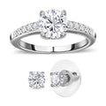Moissanite (Rnd 6.5mm) Earrings and Ring (Size 5.0) in Platinum Over Sterling Silver 2.00 ctw - Sticky add to cart bar