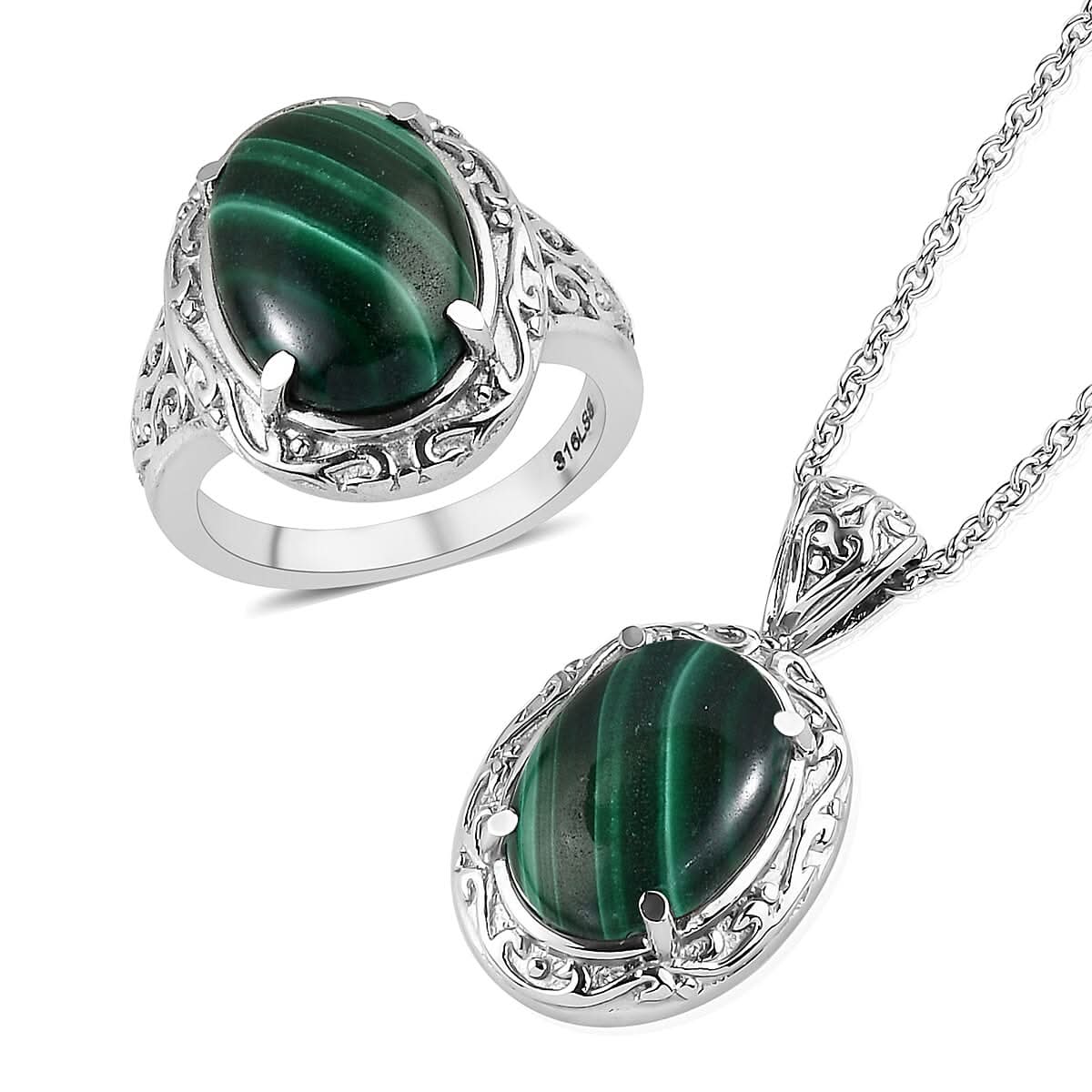 African Malachite Solitaire Ring (Size 5.0) and Pendant Necklace 20 Inches in Stainless Steel 14.50 ctw