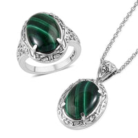 African Malachite Solitaire Ring (Size 5.0) and Pendant Necklace 20 Inches in Stainless Steel 14.50 ctw
