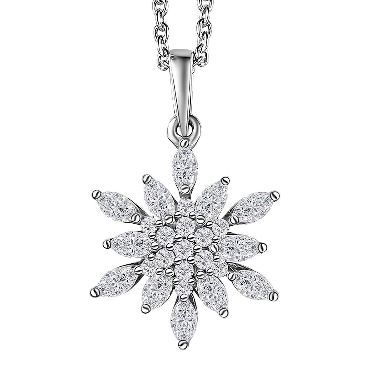 Moissanite Snowflake Pendant Necklace 20 Inches in Platinum Over Sterling Silver 1.15 ctw