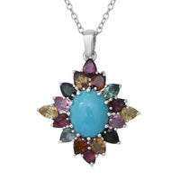 Ethiopian Welo Opal and Multi-Tourmaline Floral Pendant Necklace 18 Inches in Platinum Over Sterling Silver 4.15 ctw