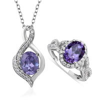 Lab Created Alexendrite, White Zircon Ring Size 5.0 and Pendant Necklace 18 Inches in Platinum Over Sterling Silver 6.10 ctw