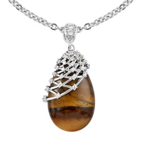 South African Yellow Tiger's Eye, Natural White Zircon Pendant Necklace 18-20 Inches in Silvertone & Stainless Steel 23.00 ctw