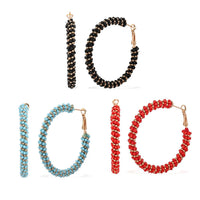 Set of 3 Black, Blue and Red Seed Beaded Hoop Earrings in Rosetone