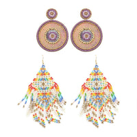 Set of 2 Multi Color Seed Bead Dangle Earrings in Goldtone