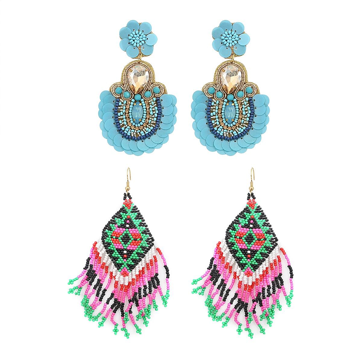 Set- Multi Color Seed Beaded Dangle Earrings in Goldtone