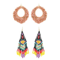 Set of 2 Multi Color Seed Beaded Dangle Earrings in Goldtone