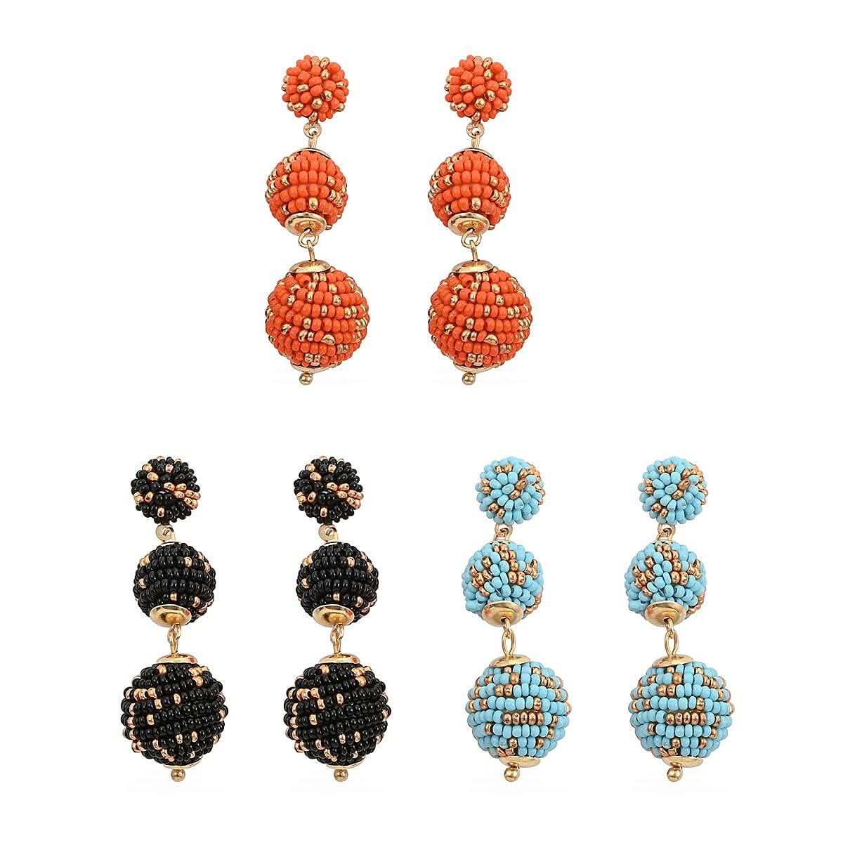 Set of 3 Turquoise, Black and Orange Color Seed Beaded Earrings in Goldtone